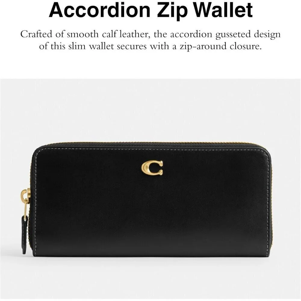 Women's Smooth Leather Essential Slim Accordion Zip, Black